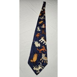 Vtg Mens Neck Tie Save The Children Raining Cats Dogs Blue 100% Silk Classic